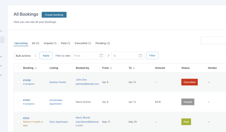 Dashboard - All bookings
