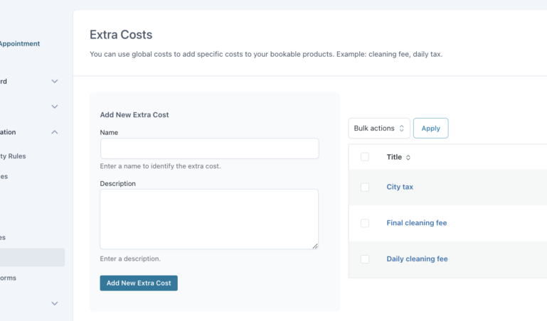 Configuration - Extra costs