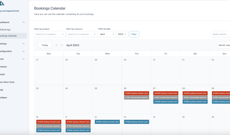 Dashboard - Bookings calendar